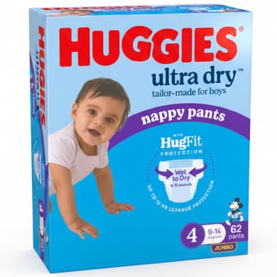 Huggies Ultra Dry Nappy Pants Boys Size 4 (9–14kg) Jumbo 62 Pack