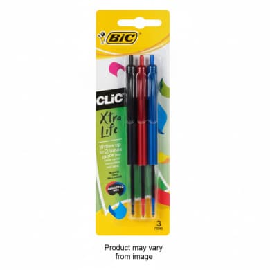 BIC Clic Xtra Life Retractable Ballpoint Pens 3-Pack (Assorted Black, Red & Blue)