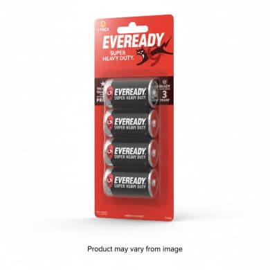 Eveready Super Heavy Duty D Batteries 4-Pack (Non-Rechargeable, Leak-Resistant, Up to 3 Years Storage)