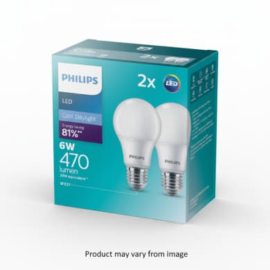 Philips LED Cool Daylight E27 Screw Bulb 6W 470lm (6500K) – 2 Pack