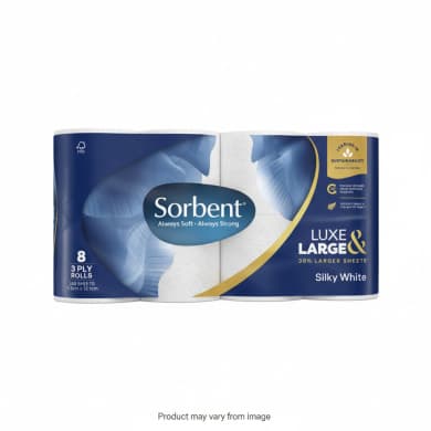Sorbent Luxe & Large Silky White Toilet Tissue 3-Ply, 8-Pack (240 Sheets/Roll)