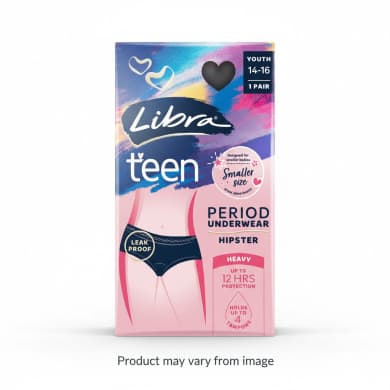 Libra Teen Period Underwear Hipster - Youth 14-16 (1 Pair) | Heavy Leak-Proof Protection Up to 12 Hrs (Holds 4 Tampons)