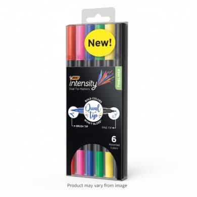BIC Intensity 2 in 1 Dual Tip Fineliner Pens, Fine Tip (0.7mm) and Flexible Brush (3.7mm), Assorted Colors, 6-Count Pack