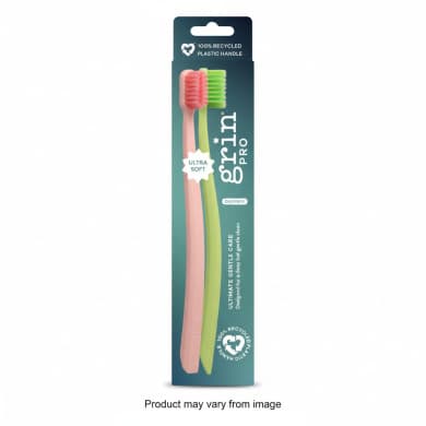 Grin Pro Ultimate Gentle Care Ultra-Soft Toothbrush Duo Pack (2pk) - Silver-Infused Bristles, Recycled Handle (Green & Pink)