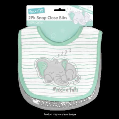 Rocco & Tolly 2-Pack Snap Close Cotton Baby Bibs (Mint Elephant & Grey Polka Dot)