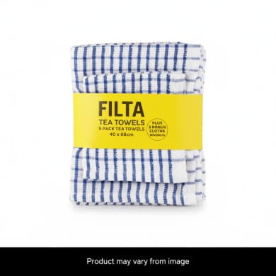 Filta Blue Check Tea Towels 5 Pack (40 x 68cm) + 2 Bonus Dish Cloths (30 x 30cm)