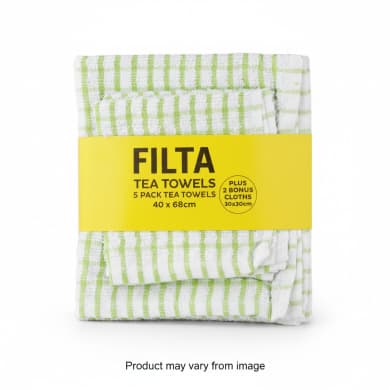 Filta Green & White Tea Towels 5 Pack + 2 Bonus Dish Cloths (40 x 68 cm & 30 x 30 cm)
