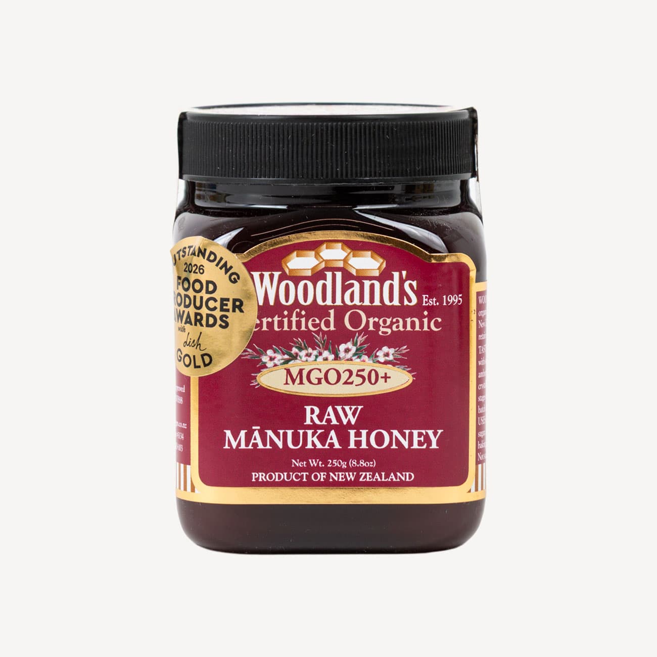 Woodland's Raw Organic Mgo250+ Manuka Honey 250g