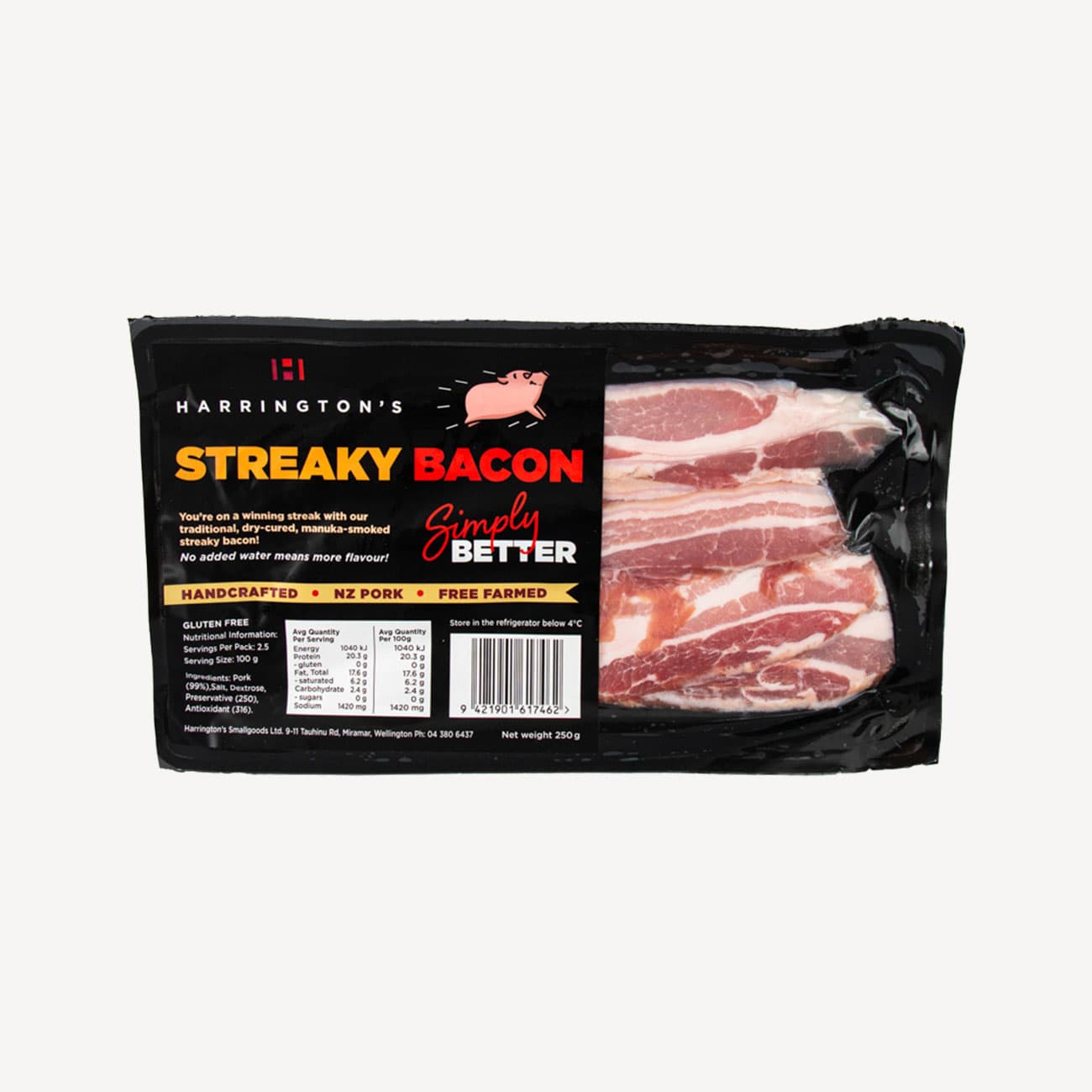 Harringtons Free Range Streaky Bacon 250g