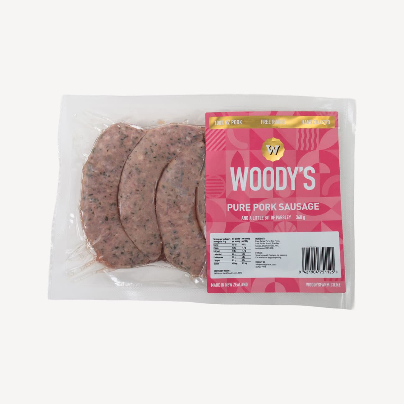 Woodys Free Range Pure Pork Sausage 360g