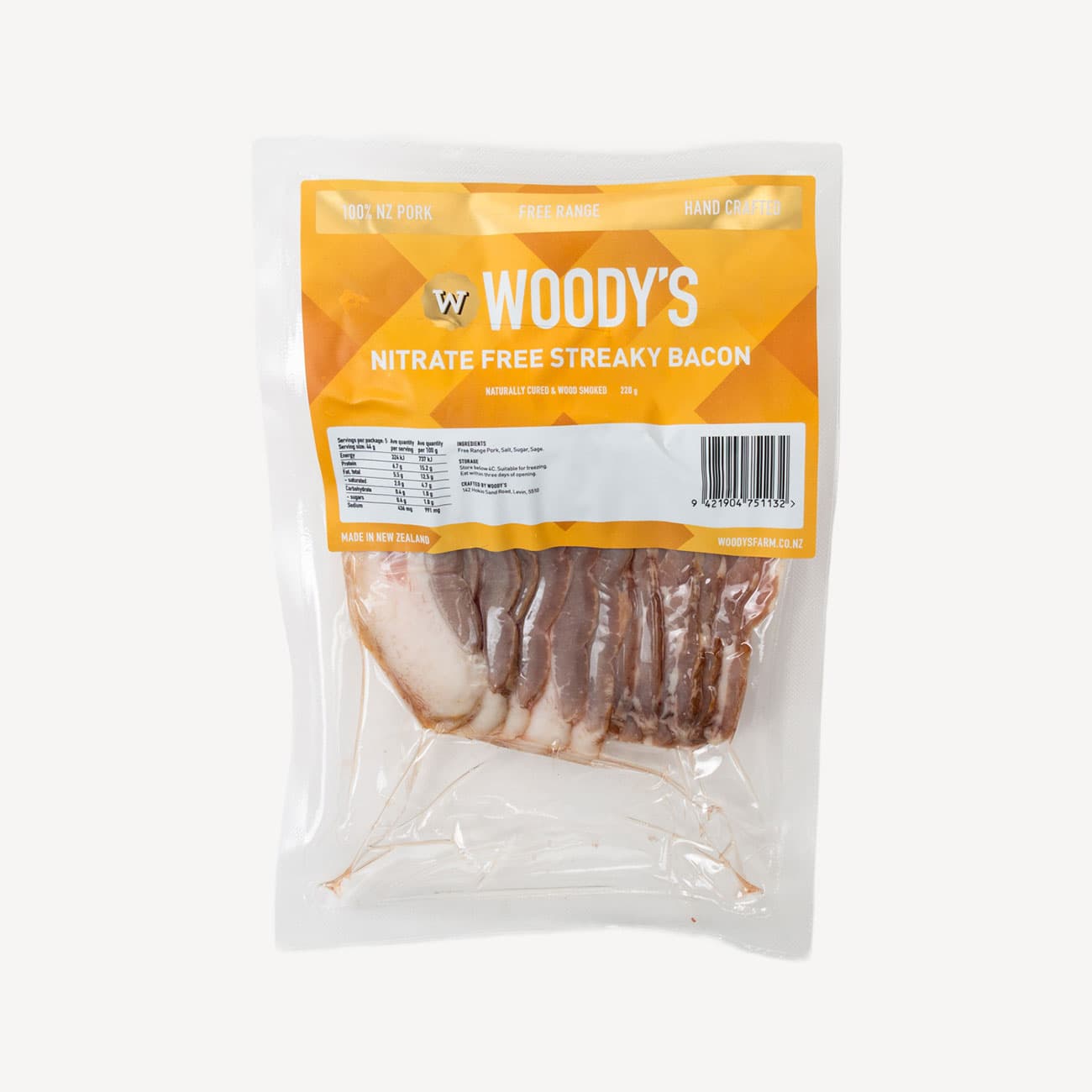 Woodys Free Range Nitrate Free Streaky Bacon 220g