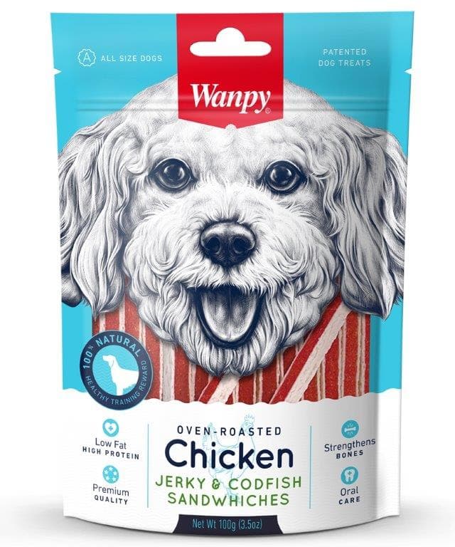 Wanpy Dog Chicken Jerky And Codfish Sandwiches 100G