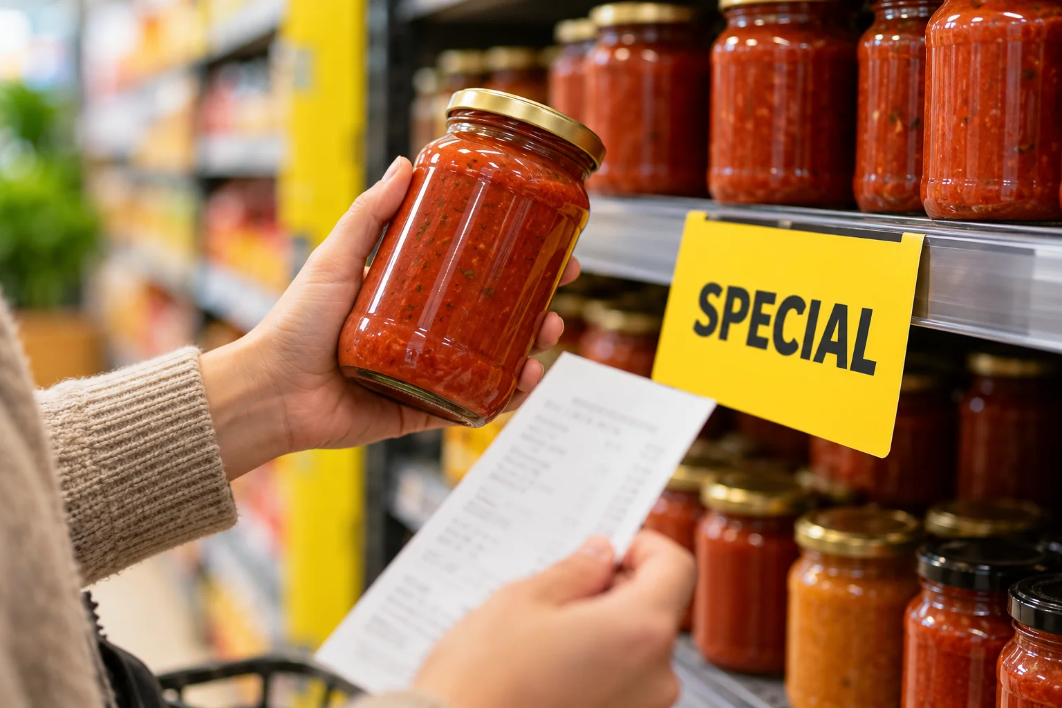 A shopper checks a jar of pasta sauce beside a supermarket special label.