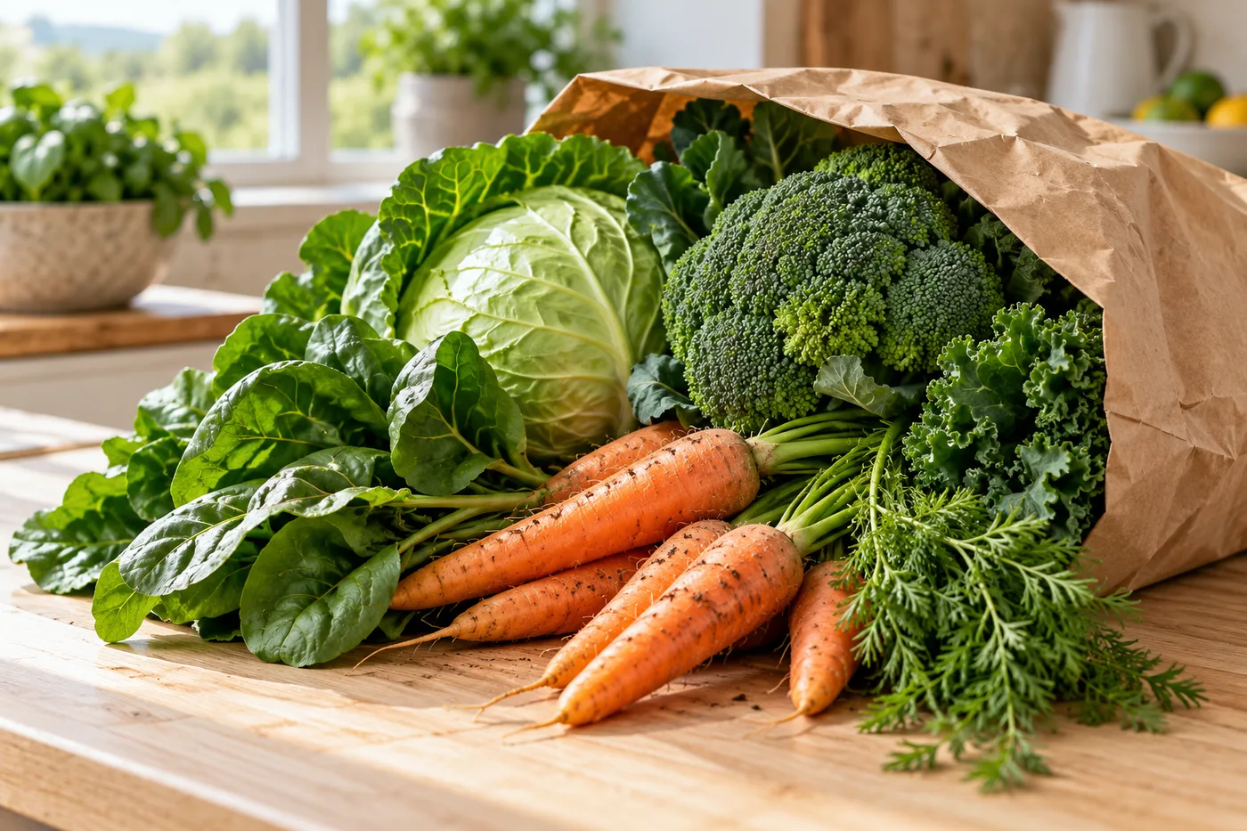 Fresh cabbage, leafy greens, broccoli and carrots in a grocery bag.