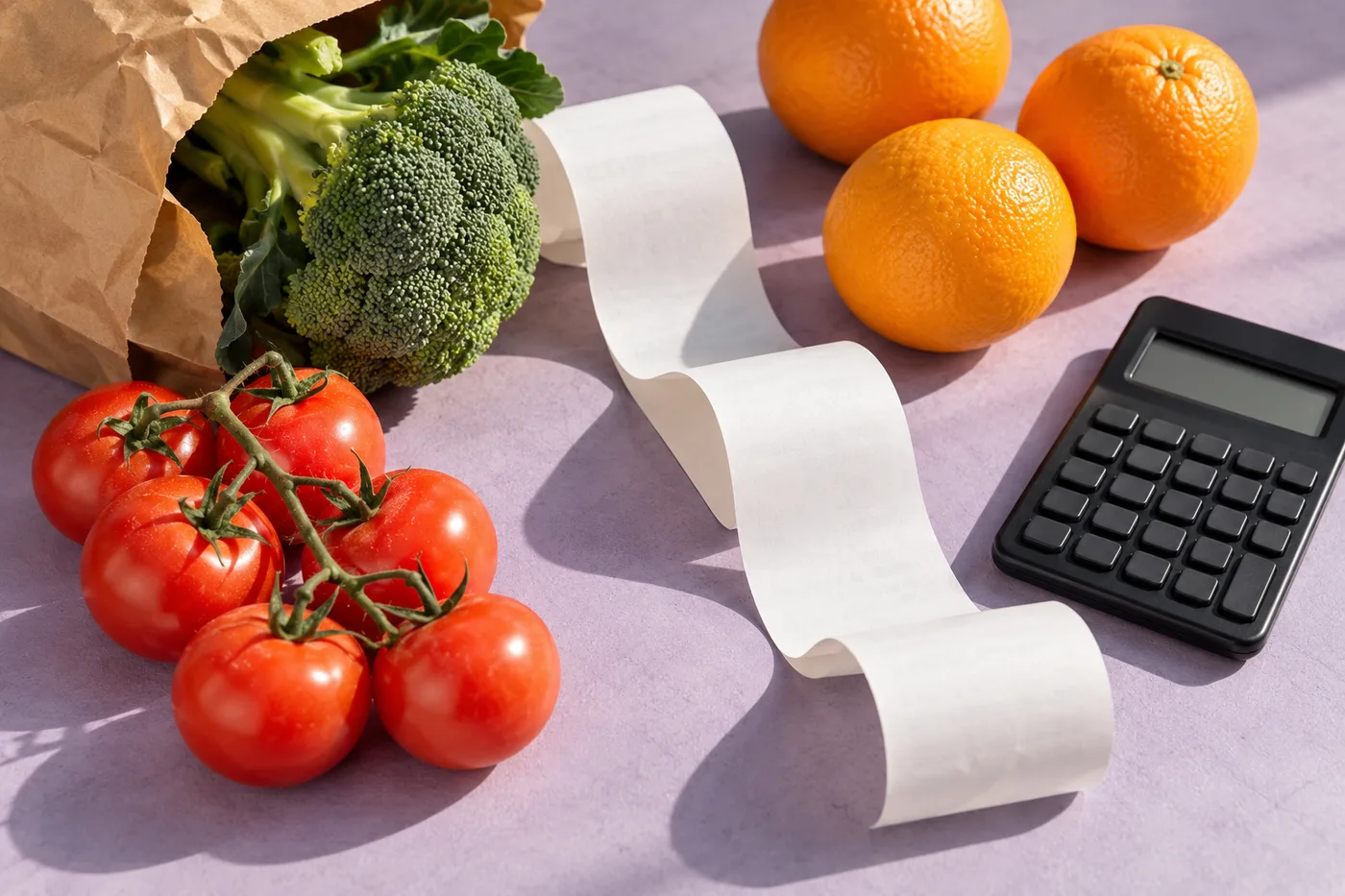 A grocery receipt and calculator beside tomatoes, oranges and broccoli.