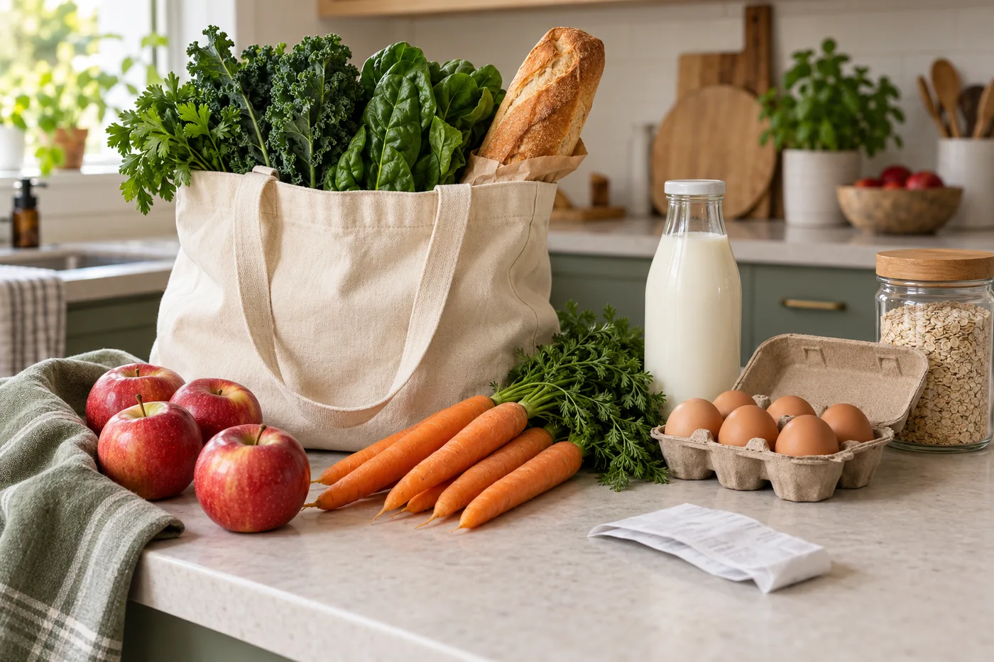 Everyday groceries, including milk, eggs, bread and vegetables, beside a reusable tote.