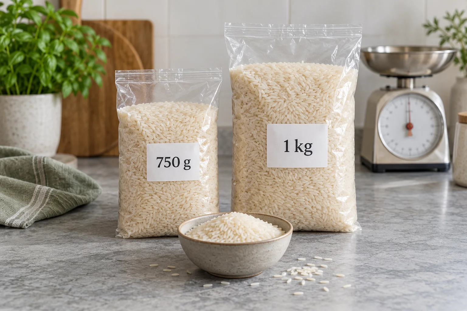 Two bags of the same rice in different pack sizes beside a kitchen scale.