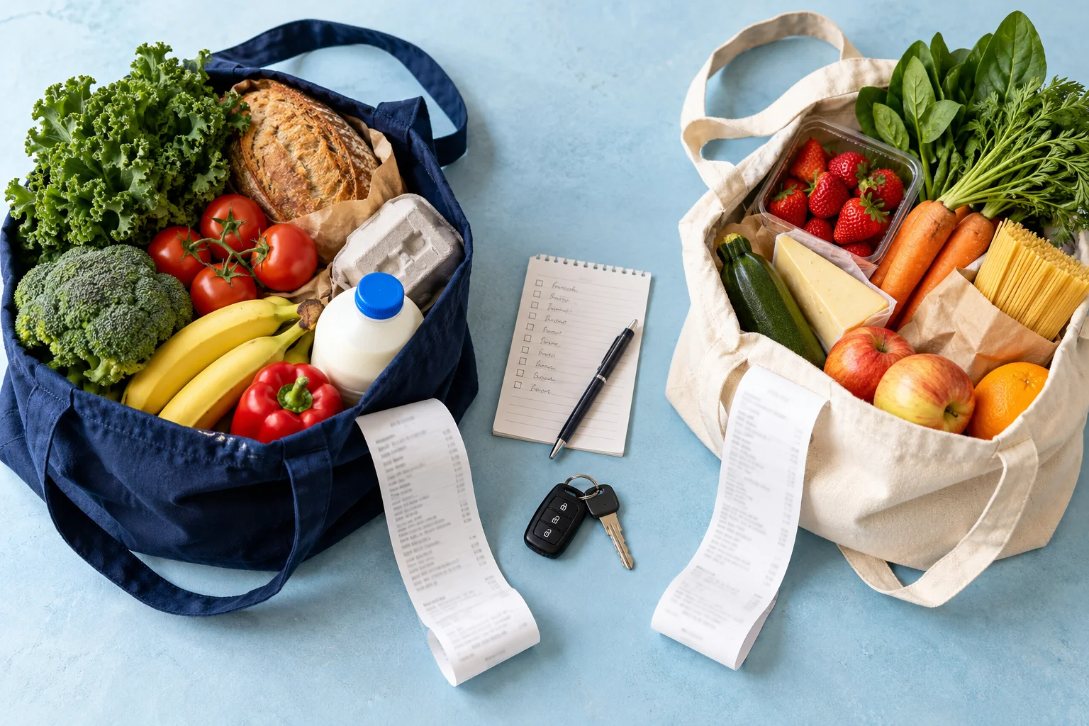 Two grocery bags with separate receipts, a shopping list and car keys.