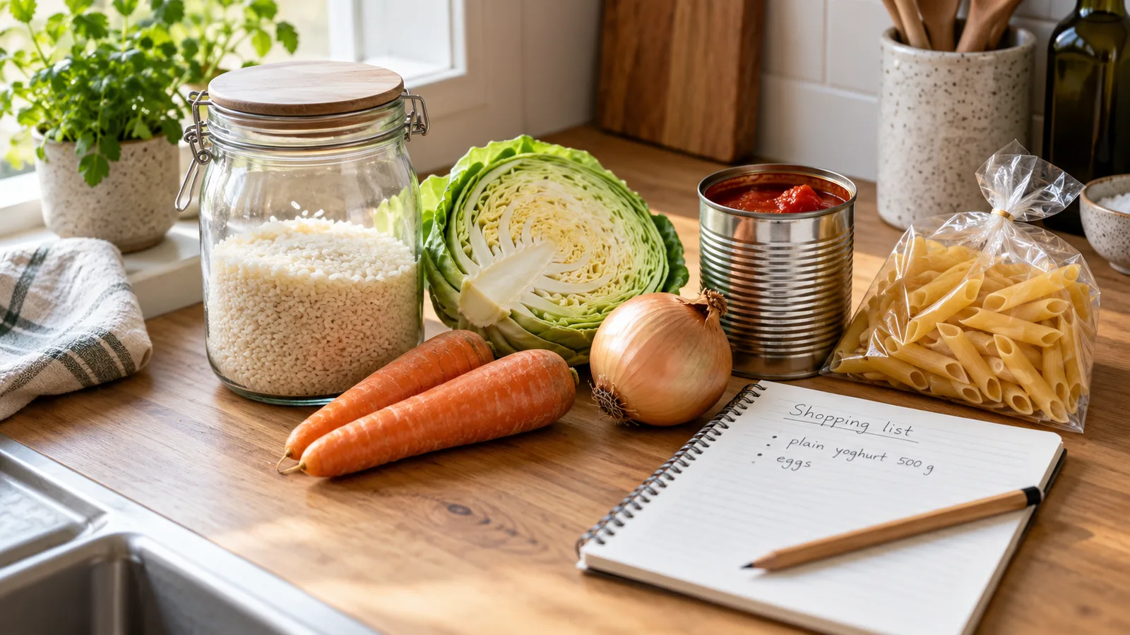 A jar of rice, cabbage, carrots, onion, tomatoes and pasta beside a handwritten shopping list on a kitchen bench.