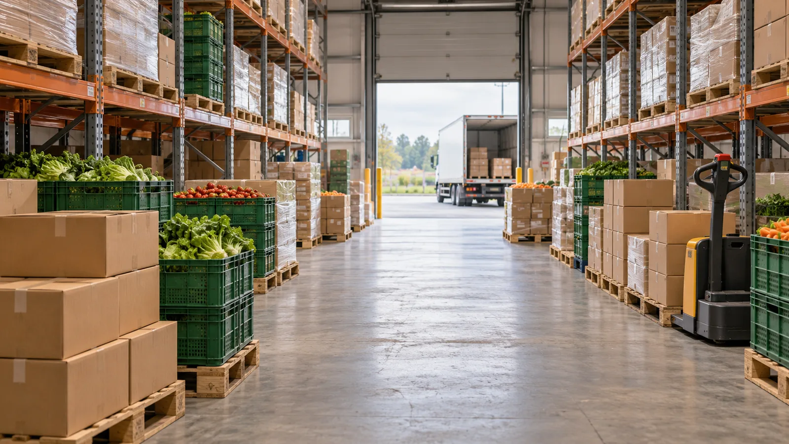Plain grocery cartons and produce crates on warehouse pallets beside a pallet truck and loading bay.